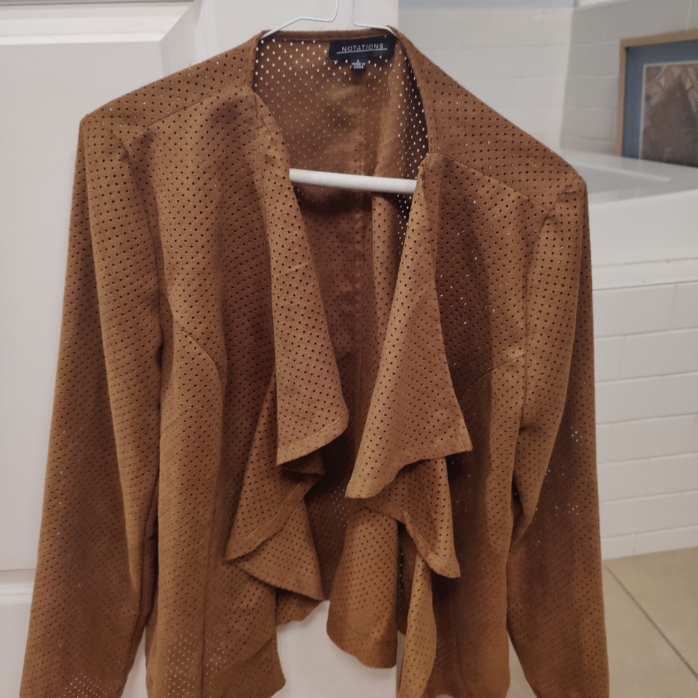 Lightweight shawl collar jacket, faux suede, perforated